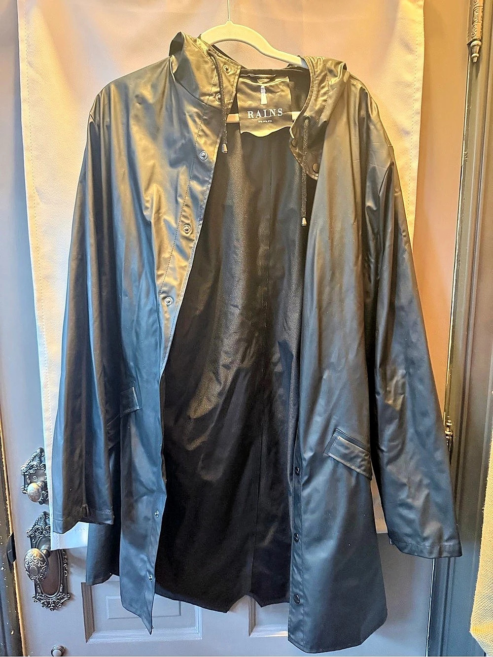 RAINS Long Jacket Black Hooded Raincoat